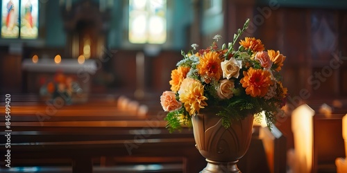 Flowers on an urn in a chapel before a funeral service to say goodbye. Concept Funeral urn, Chapel setting, Flower arrangement, Funeral service, Saying goodbye