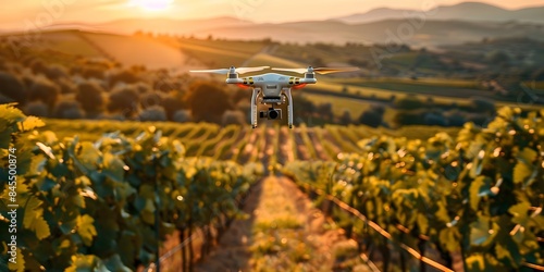 Utilizing Drones for Sustainable Agriculture Monitoring Crops, Spraying, and Managing Vineyards. Concept Precision Farming, UAV Technology, Crop Monitoring, Sustainable Agriculture
