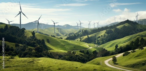A group of wind turbines stand on a green hill, generating clean energy.