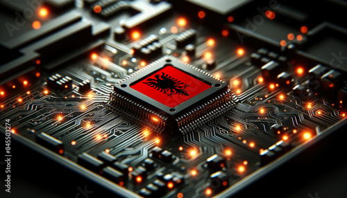 A microchip with the Albania flag embedded on a circuit board, symbolizing Albania technological innovation and advancement