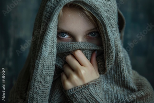 Hiding. European Woman Concealing Face Under Clothes, Expressing Loneliness and Depression