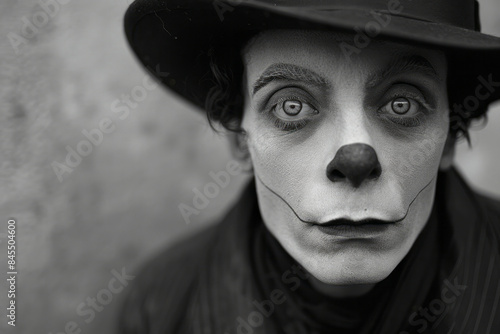 Simple and elegant shot of a mime artist with expressive eyes, set against a neutral backdrop,