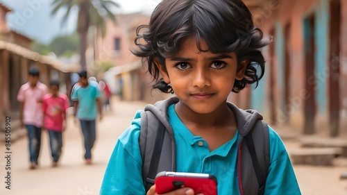 Little Hispanic youngster from India, Pakistan, or Mexico using a mobile phone to view or message social media for online coverage in underdeveloped and globalized places as a large banner poster