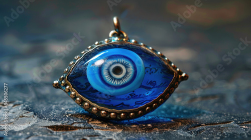 A blue eye-shaped glass charm from the Middle East, known for protection against the evil eye.