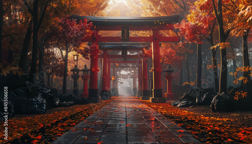 A path with red gates and trees in the background