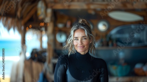Smiling Mature Woman in a Wetsuit at a Beachside Surf Shack
