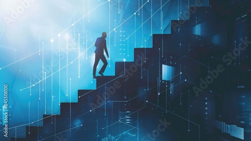 An image showing a person climbing a graph chart that keeps ascending to represent financial success and goal achievement