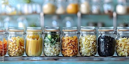 Convenient and Tasty Cooking Assorted Pasta Types in Jars on Shelf. Concept Cooking Tips, Pasta Recipes, Kitchen Organization, Food Storage, Shelf Display