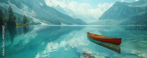 Crystal-clear mountain lake with a canoe gliding across its calm surface, 4K hyperrealistic photo