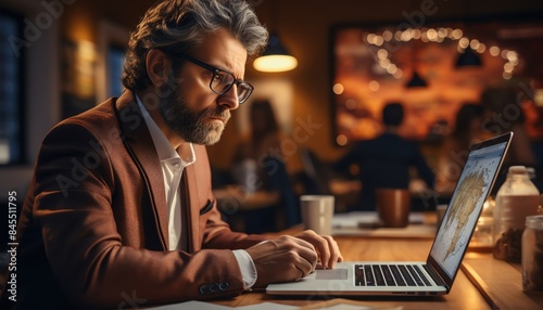 Focused man in brown suit working on laptop in cozy cafe with warm lighting, determination and concentration evident in his expression.