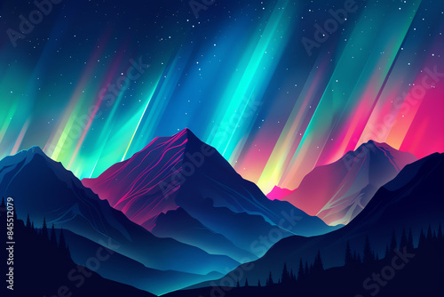 Northern Lights Flat design featuring mountains with vibrant northern lights in the sky.
