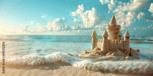 Sandcastle on the shore with waves and blue sky