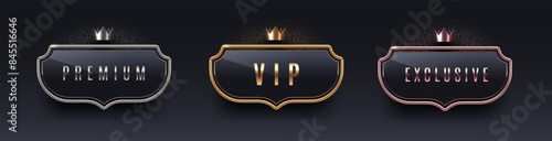 VIP, premium and exclusive sign with 3d metal frame and crown. Golden, silver and bronze metallic luxury sign on black background. Vector set.