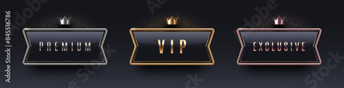 VIP, premium and exclusive sign with 3d metal frame and crown. Golden, silver and bronze metallic luxury sign on black background. Vector set.