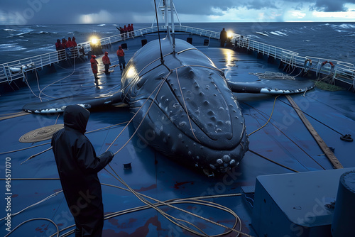 Captured Whale on Fishing Ship Deck