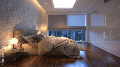 A chic bedroom with a polished laminate floor, walls textured with white and gray wallpaper, and a skylight window equipped with a remote-controlled shade, under the quiet city night.