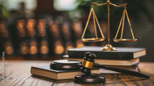 Books, gavel, and scales representing law on a table in a courtroom