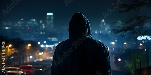 Shadowy figure of hooded criminal in city night scene - A true crime setting. Concept True Crime Stories, City Night Scene, Criminal Activity, Mystery and Suspense, Shadowy Figure