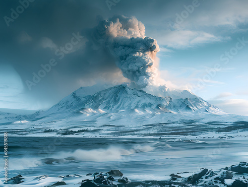 a volcanic eruption with a plume of smoke and ash rising into the sky.
