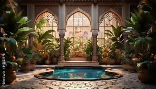 A beautiful, ornate pool area with a large fountain and a couch