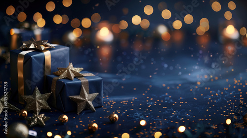 Neatly stacked gift boxes surrounded by twinkling stars on a dark background