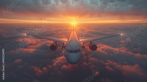Airplane Soaring Above Clouds During Vibrant Sunset