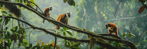 In the lush rainforest, a group of cute lemurs sits on tree branches, enjoying nature