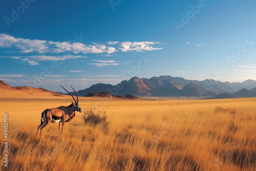 Antelope grazes amidst savanna landscape, with mountains in distance, under southern sun