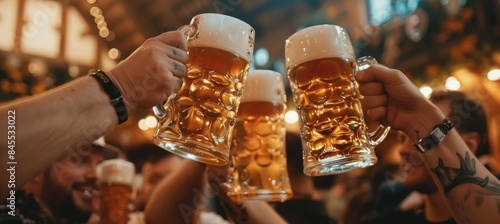 Friends Toasting with Beer Steins at Lively Oktoberfest Celebration in Festive Beer Tent