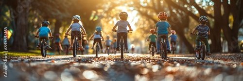 A young boy, helmet secured, enjoys a sunny day biking with friends and family outdoors.