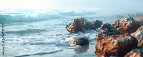 Misty Morning Shore with Gentle Lapping Waves and Rocky Coast Seascape