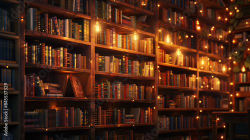 Mockup of bookshelf at night in side view, full of books and decorations in warm color tone. Built-in bookshelves in classic style lighting decorations.