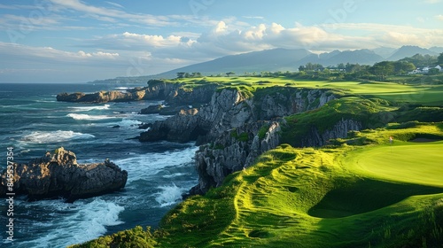 Golf course by the sea, with waves crashing nearby and a perfect green landscape.