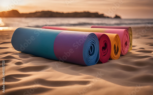 Set of colorful yoga mats rolled out on a serene beach at sunset, soft golden light
