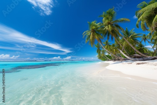 A beautiful tropical beach, coconut palms by the sea with turquoise water, a paradise island, a seaside resort. Summer background.