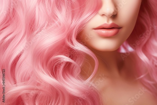 Beautiful young woman with long wavy pastel pink hair. Perfect hairstyle and hair coloring. Mermaid or unicorn color trendy hair. Beauty and fashion concept