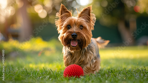 Yorkshire terrier standing near big red ball Cute playful Yorkshire Terrier caught in action on Hun Stanton green above the cliffs on North Norfolk coast, Generative Ai 