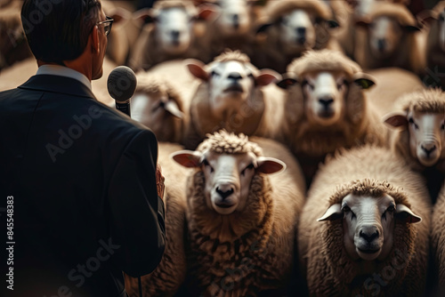 Politician delivering a persuasive speech to an attentive audience represented by a flock of sheep, symbolizing influence and leadership