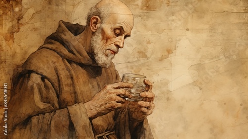 The painting of St. Bede the Venerable Writing in 8th-Century English Monastery, Beige Background, Copyspace,Christian banner