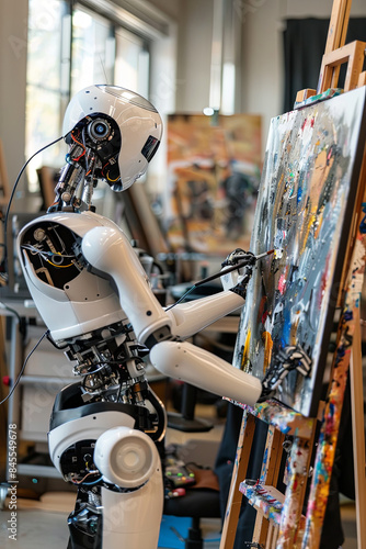 Humanoid robot artist creating a painting on a canvas in an art studio, showcasing the integration of AI and creativity