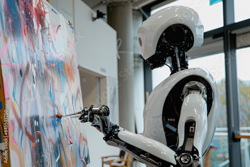 Humanoid robot artist creating a painting on a canvas in an art studio, showcasing the integration of AI and creativity