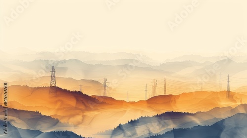 A mountain range with a few power lines in the background. The sky is mostly white with a few clouds