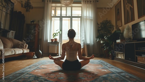 a woman doing yoga on a rug in a bright, airy living room with modern decoration