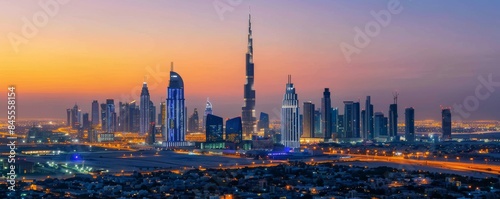 A city skyline at dusk with the Burj Khalifa in the background. The city is lit up with lights, creating a warm and inviting atmosphere