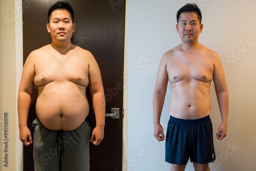 Before and after comparison of a man's weight loss journey, standing confidently.