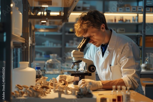 Scientist Examining Mushroom Specimen Under Microscope in Well-Lit Modern Laboratory