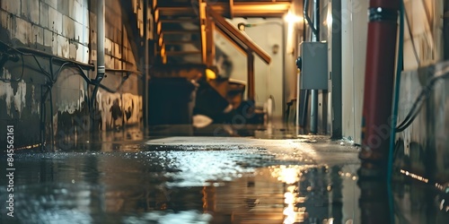 Flooded basement with deep water cleaning up water damage from snowmelt or burst pipe. Concept Flooded Basement Cleanup, Water Damage Restoration, Snowmelt Flooding, Burst Pipe Cleanup