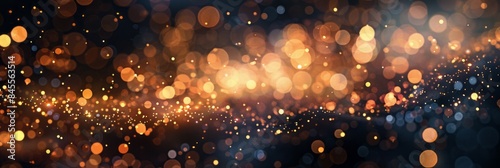 A beautiful background of golden bokeh particles, glitter, and lights on a dark background, creating an ethereal quality with a shallow depth of field and blurred edges.