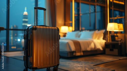 A suitcase in a luxurious hotel room at night.