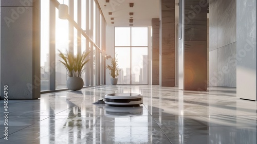 A smart cleaning robot sweeping dust in a spacious hallway with large windows and natural light.